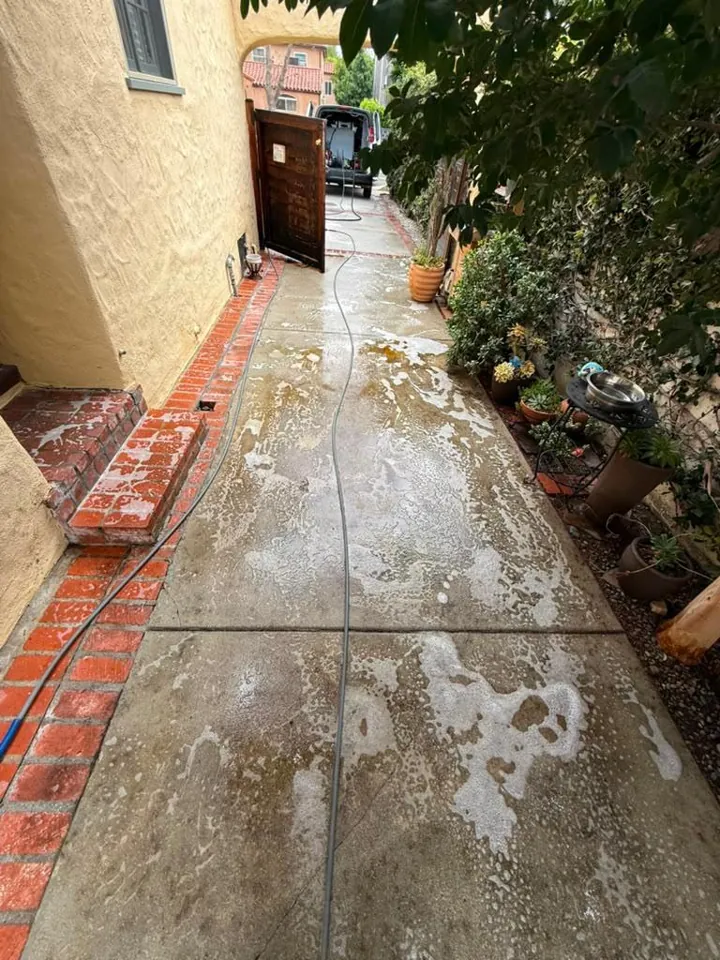 Cleaning solution foaming on a concrete walkway as dirt lifts during pressure washing